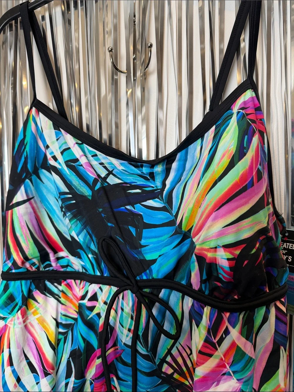 Swim Solutions Multicolor Tropical Leaf One-Piece Swimdress Black Trim 24W NEW - Picture 4 of 7